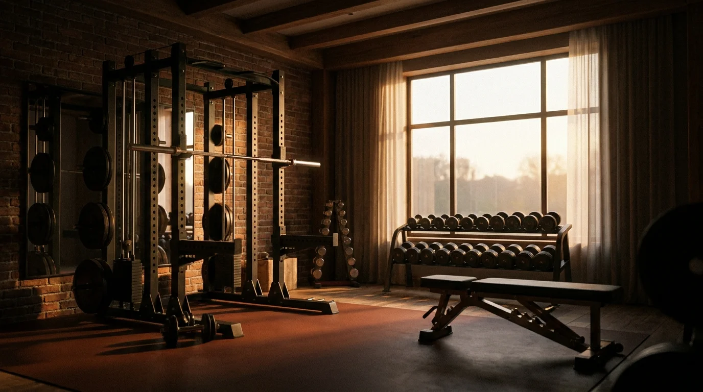 A home gym with racks and weights